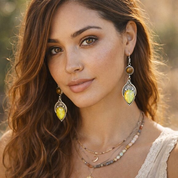 S925 Silver Tiger's Eye Triplet Opal Earrings 2.8" Handcrafted Boho Artisan Drop - Picture 3 of 16